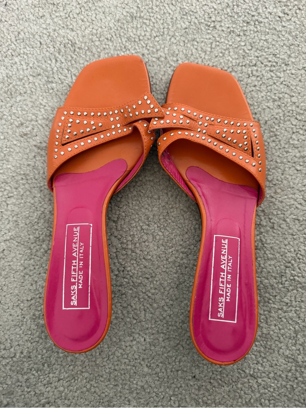 Saks Fifth Avenue Orange Slide Sandals with Pink Insole and Stud Accents